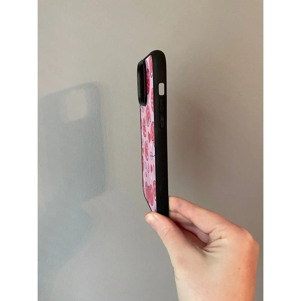 Phone Case iPhone 15 Pro Max Pink Disco Cherry Heart Checkered Bumper Case